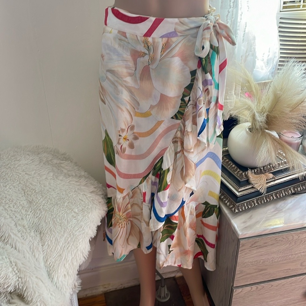 Floral Maxi Skirt with Multicolor Stripes